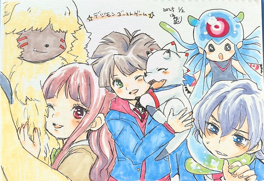 jellymon, gammamon, higashimitarai kiyoshiro, tsukiyono ruli, amanokawa hiro, and 1 more (digimon and 1 more) drawn by komoriharuori