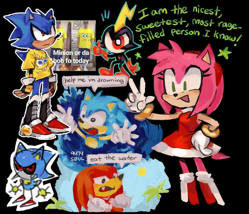 sonic the hedgehog, amy rose, knuckles the echidna, metal sonic, classic sonic, and 2 more (sonic and 3 more) drawn by 9474s0ul