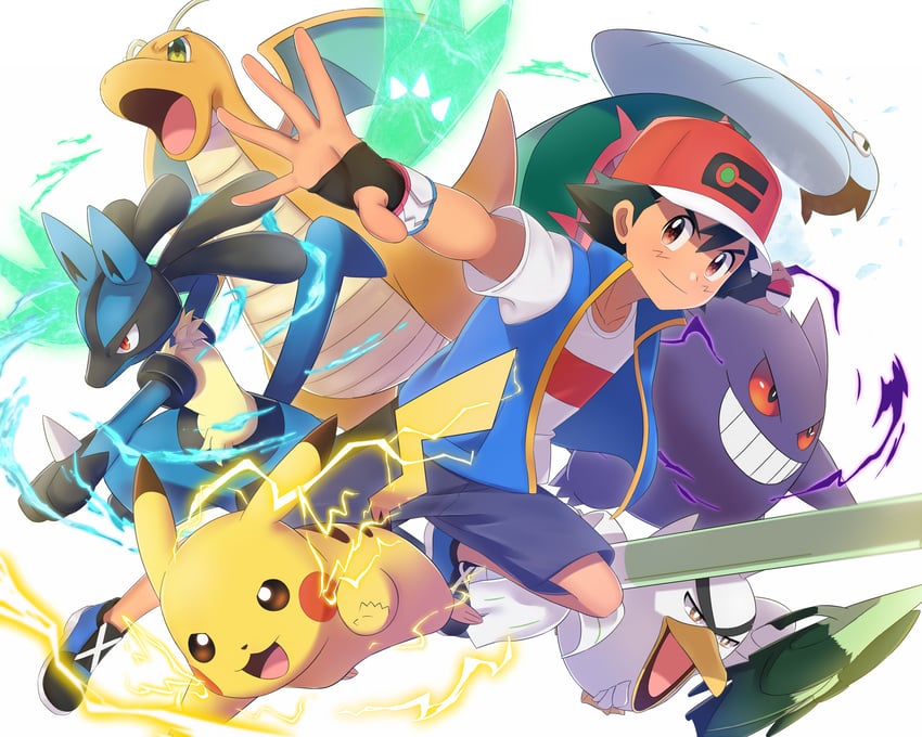 pikachu, ash ketchum, lucario, gengar, dragonite, and 2 more (pokemon and 1 more) drawn by againne