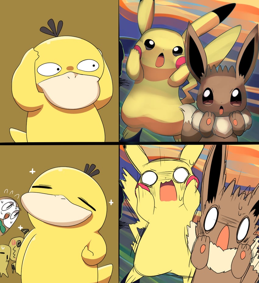 pikachu, eevee, rowlet, mimikyu, and psyduck (pokemon and 1 more) drawn by lets0020