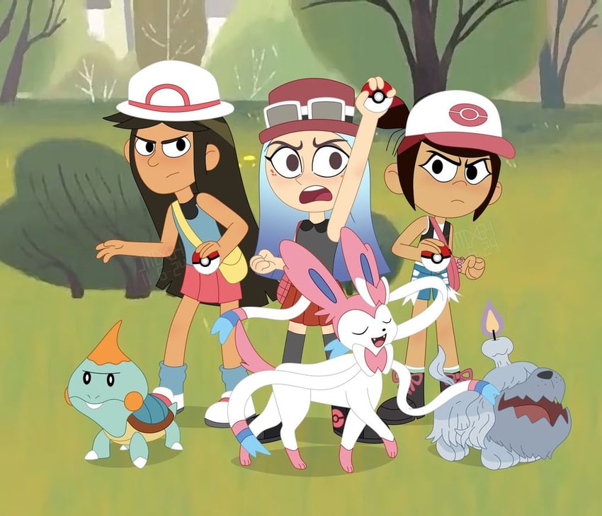 hilda, serena, sylveon, leaf, greavard, and 4 more (pokemon and 4 more) drawn by jmdx64