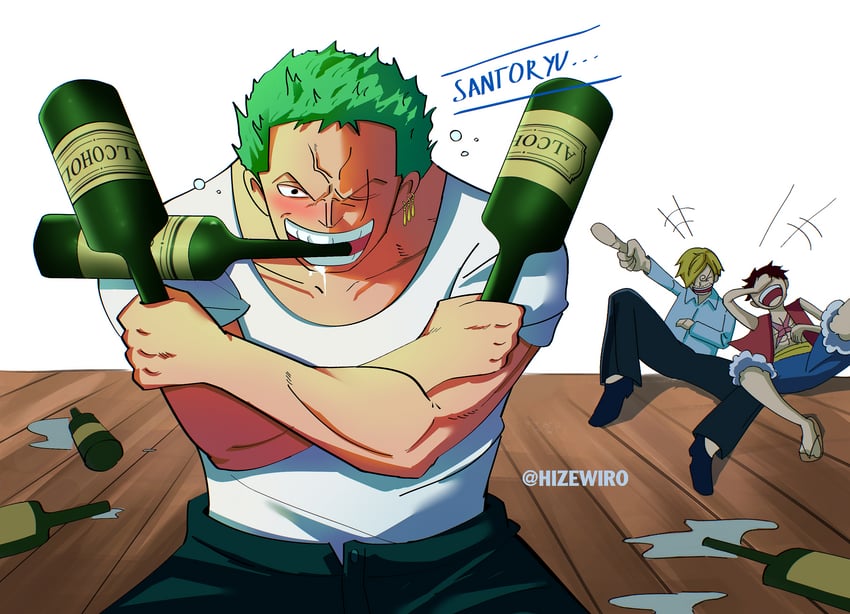 monkey d. luffy, roronoa zoro, and sanji (one piece) drawn by wize_(hizewiro)