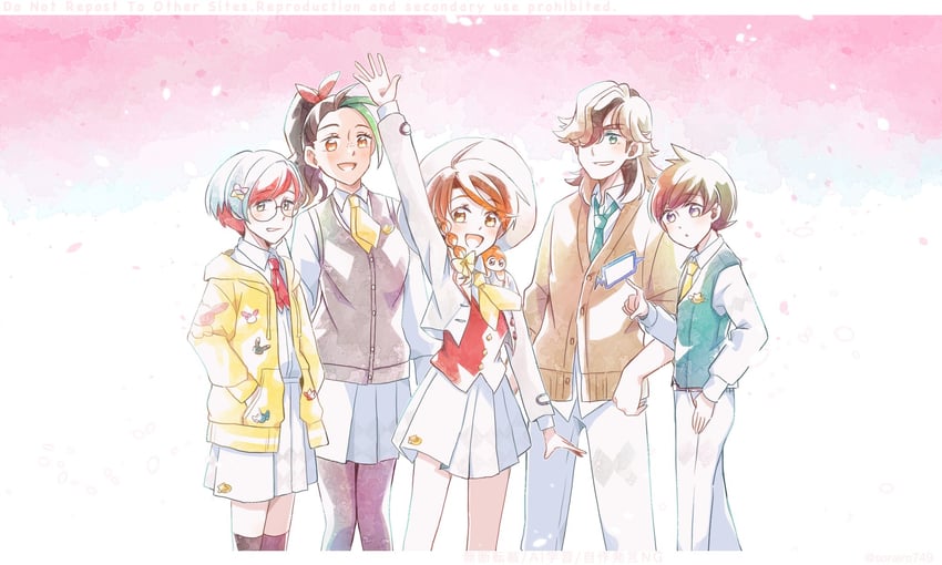 juliana, florian, nemona, arven, penny, and 2 more (pokemon and 2 more) drawn by sorairo749