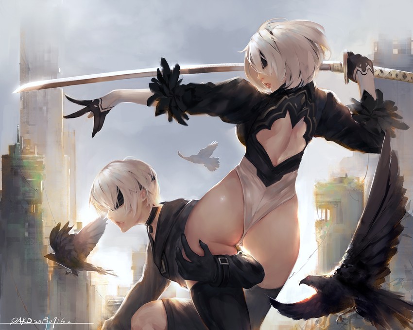 2b and 9s (nier and 1 more) drawn by hu_dako