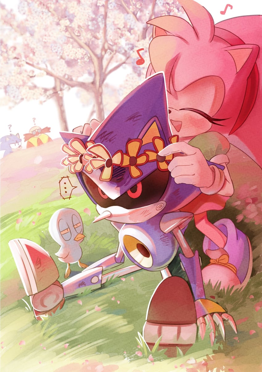 sonic the hedgehog, amy rose, dr. eggman, metal sonic, classic amy, and 2 more (sonic and 1 more) drawn by spottypen