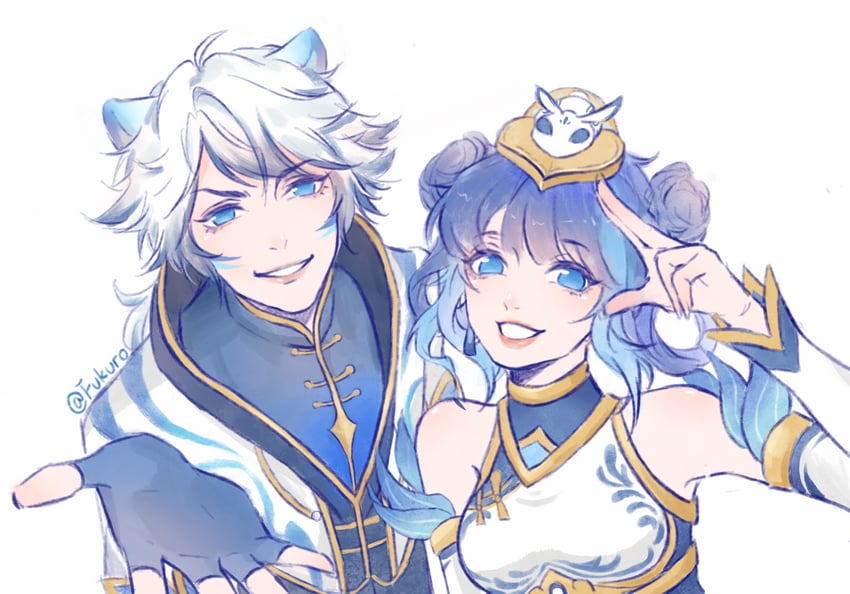 lux, ezreal, porcelain lux, and porcelain ezreal (league of legends) drawn by fukuro_0a0