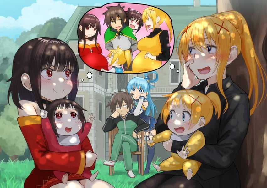 megumin, aqua, darkness, and satou kazuma (kono subarashii sekai ni shukufuku wo!) drawn by izawa_(bhive003)
