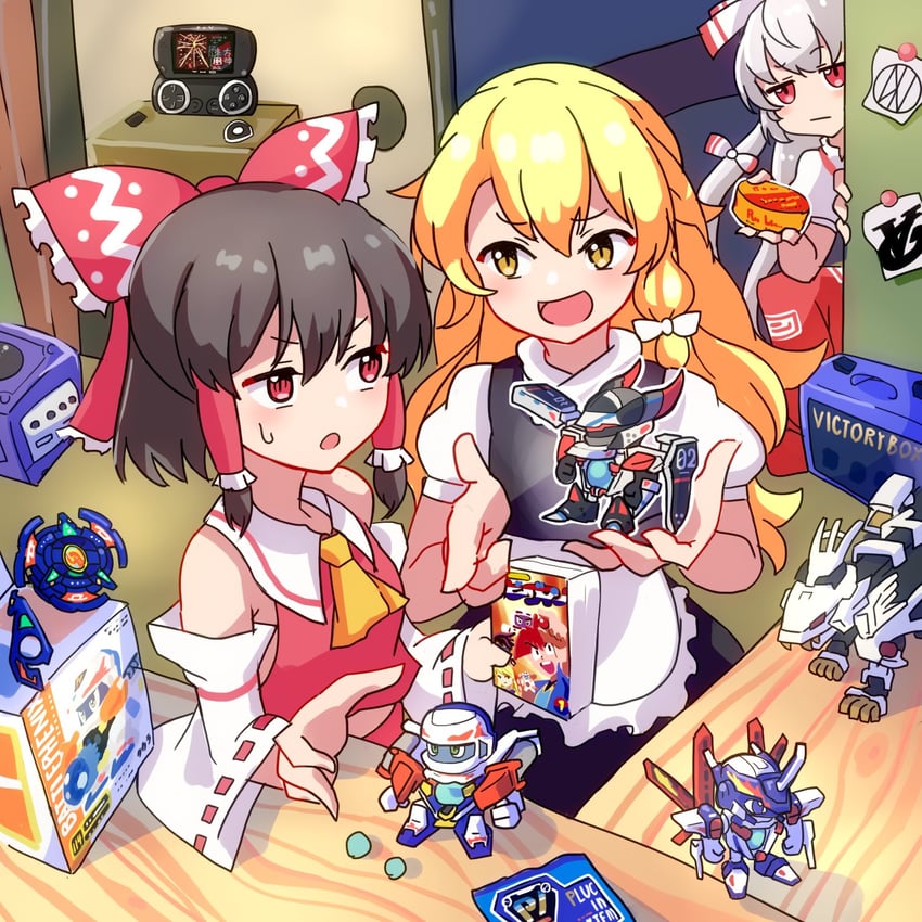 hakurei reimu, kirisame marisa, fujiwara no mokou, liger zero, and battle phoenix (touhou and 3 more) drawn by kappy745