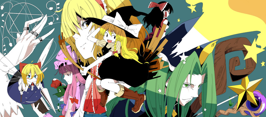 hakurei reimu, kirisame marisa, alice margatroid, patchouli knowledge, kawashiro nitori, and 2 more (touhou) drawn by sukasshu