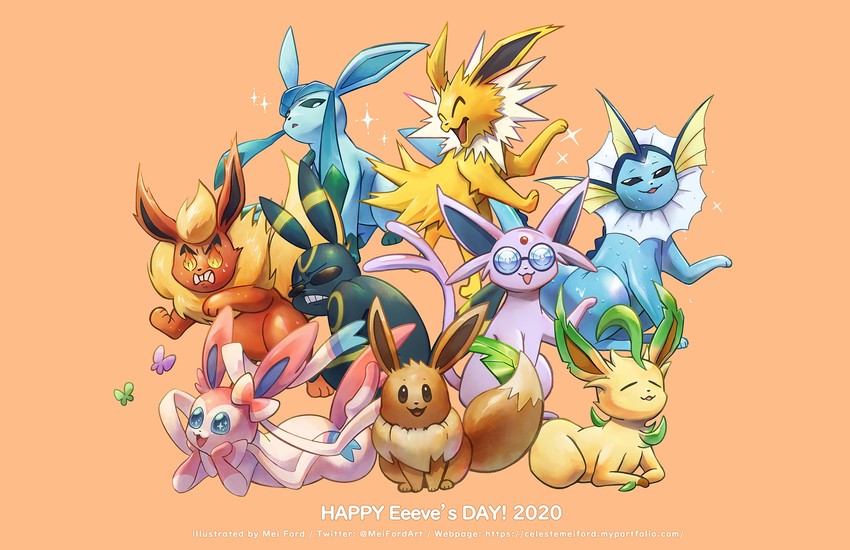 eevee, sylveon, umbreon, glaceon, vaporeon, and 4 more (pokemon) drawn by mei_ford