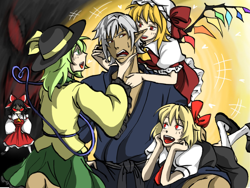 hakurei reimu, flandre scarlet, komeiji koishi, rumia, and buront (touhou and 3 more) drawn by maruman