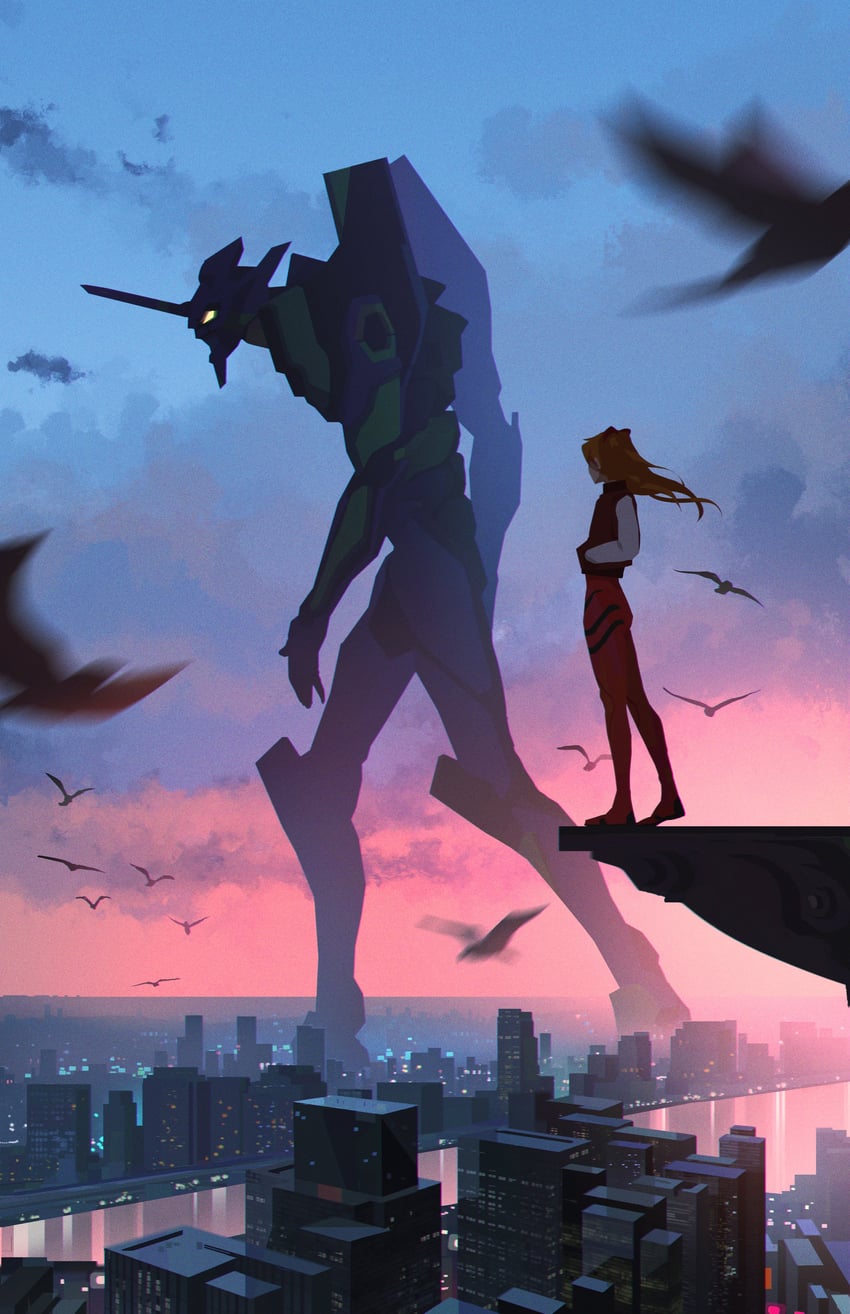 souryuu asuka langley and eva 01 (neon genesis evangelion and 2 more) drawn by daniel_(zaijoubu)