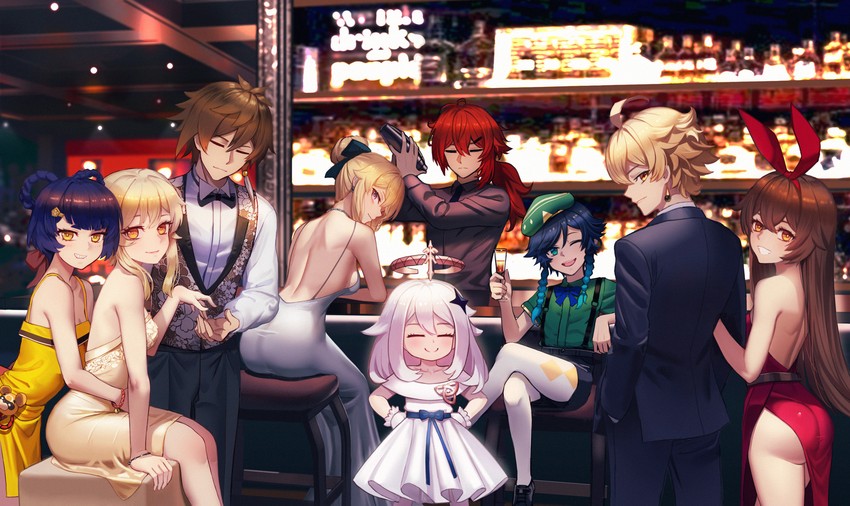lumine, aether, zhongli, venti, paimon, and 5 more (genshin impact) drawn by freze