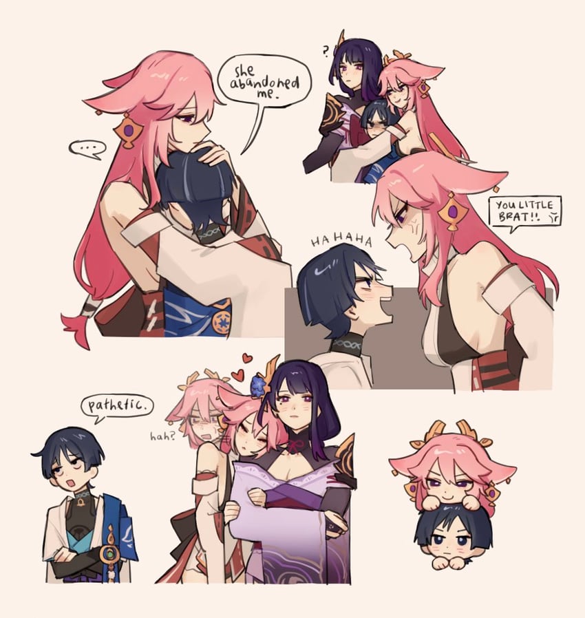 raiden shogun, scaramouche, yae miko, and wanderer (genshin impact) drawn by nonons