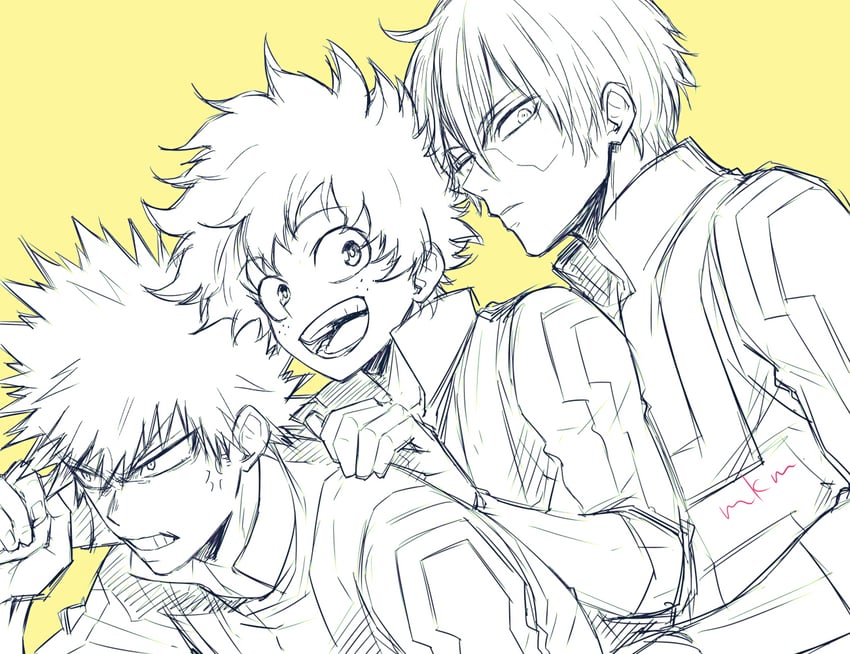 midoriya izuku, bakugou katsuki, and todoroki shoto (boku no hero academia) drawn by mkm_(mkm_storage)