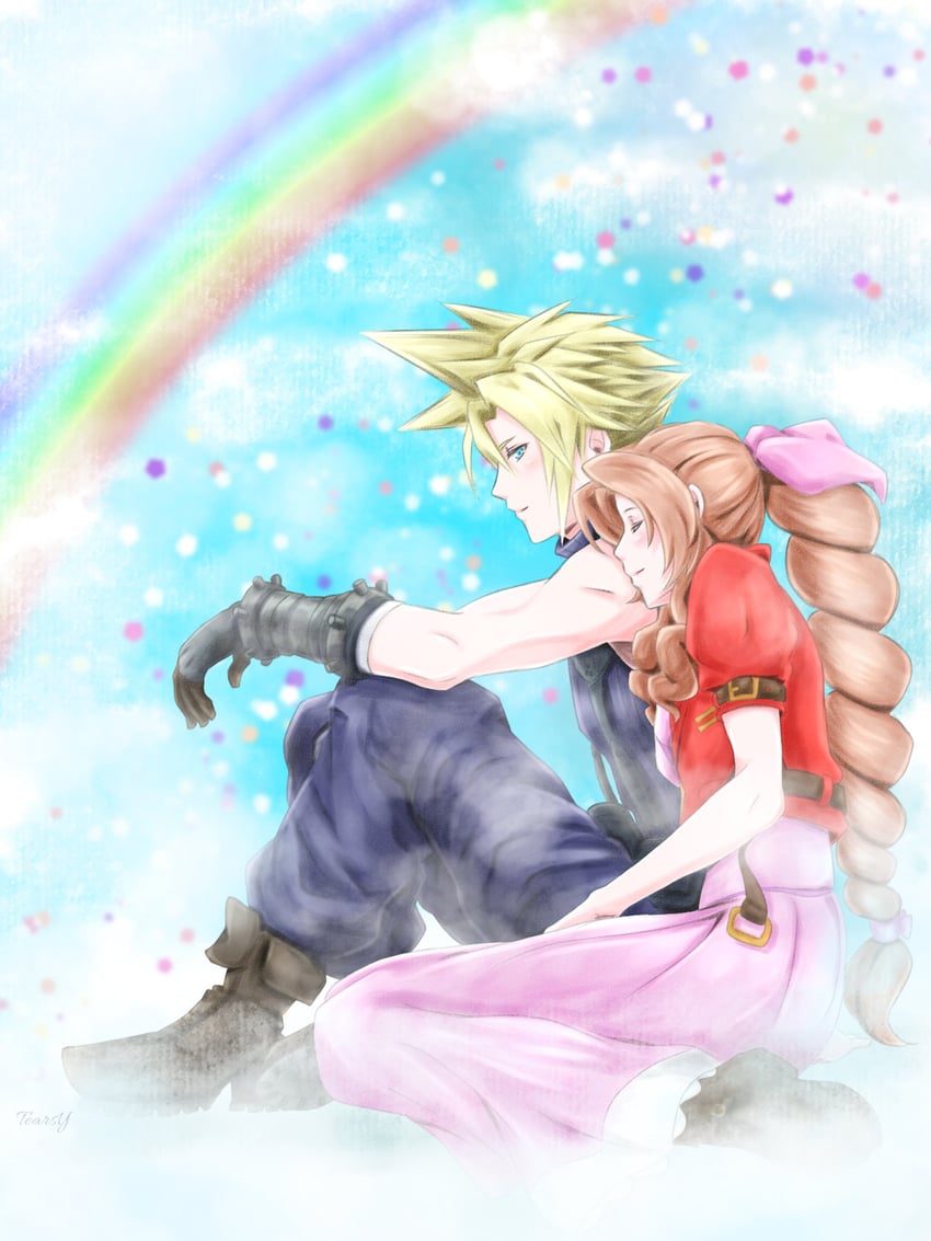 cloud strife and aerith gainsborough (final fantasy and 2 more) drawn by tearsyff7lovers
