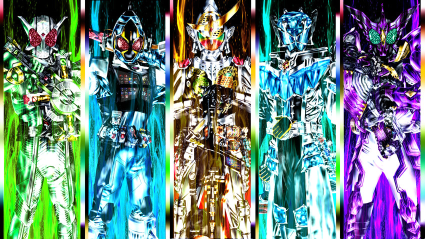kamen rider double, kamen rider ooo, kamen rider fourze, kamen rider wizard, kamen rider gaim, and 1 more (kamen rider and 5 more) drawn by kuzurx