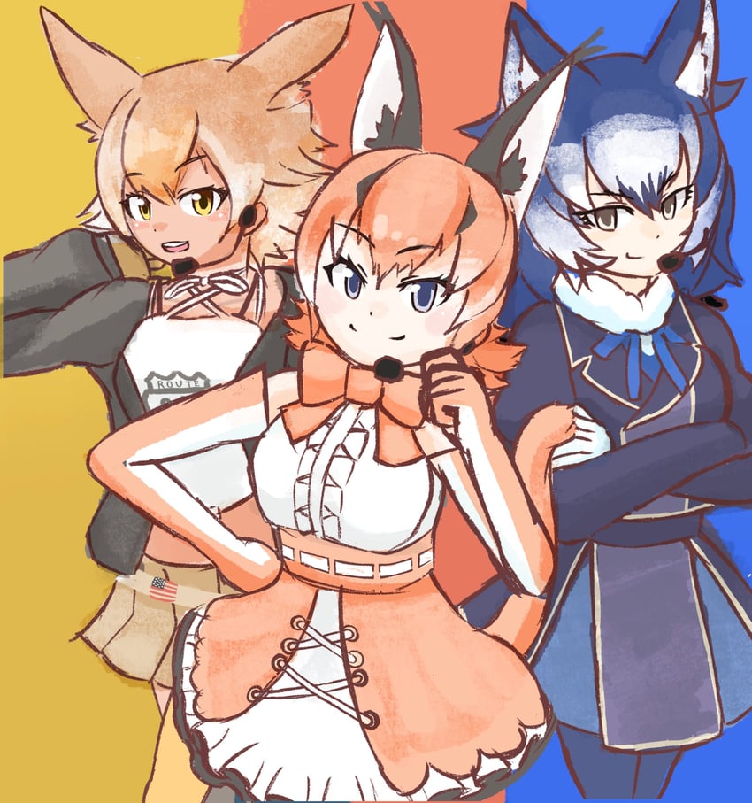 caracal, coyote, and dire wolf (kemono friends and 1 more) drawn by kinako_mochic