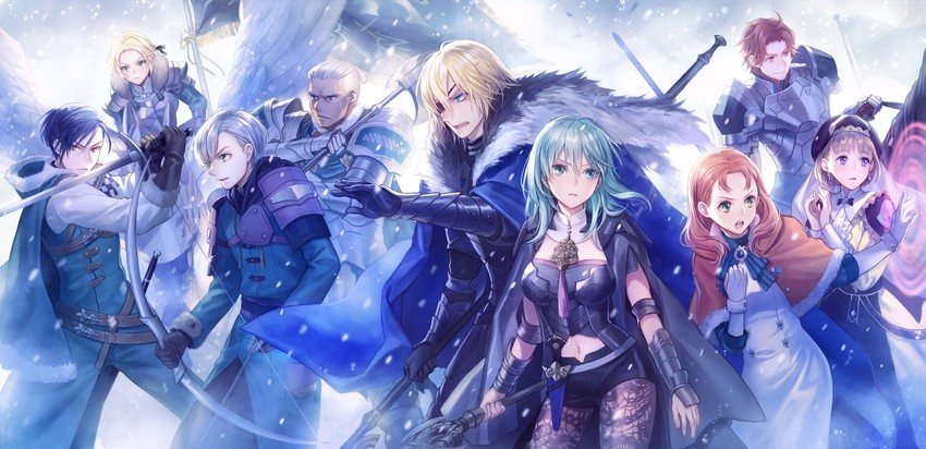 dimitri alexandre blaiddyd, ingrid brandl galatea, female byleth, sylvain jose gautier, mercedes von martritz, and 4 more (fire emblem and 1 more) drawn by yamigo