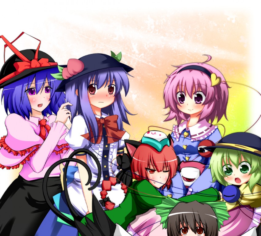 komeiji koishi, komeiji satori, kaenbyou rin, reiuji utsuho, hinanawi tenshi, and 1 more (touhou) drawn by hosakatakahiro