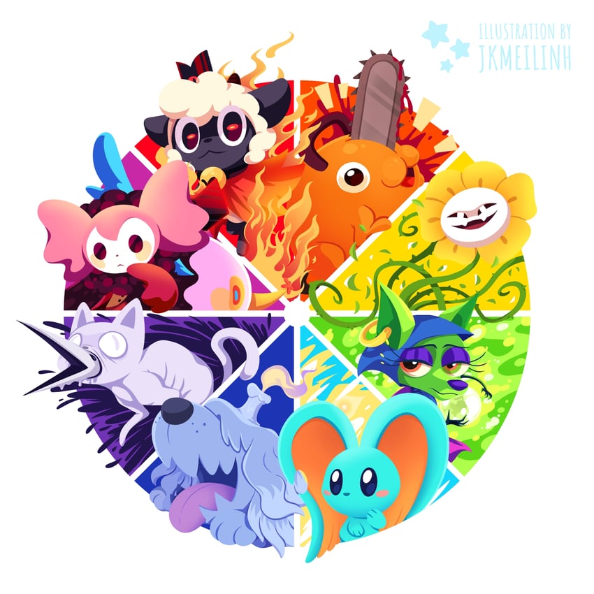 charlotte, pochita, flowey, elfilin, greavard, and 5 more (pokemon and 8 more) drawn by jkmeilinh