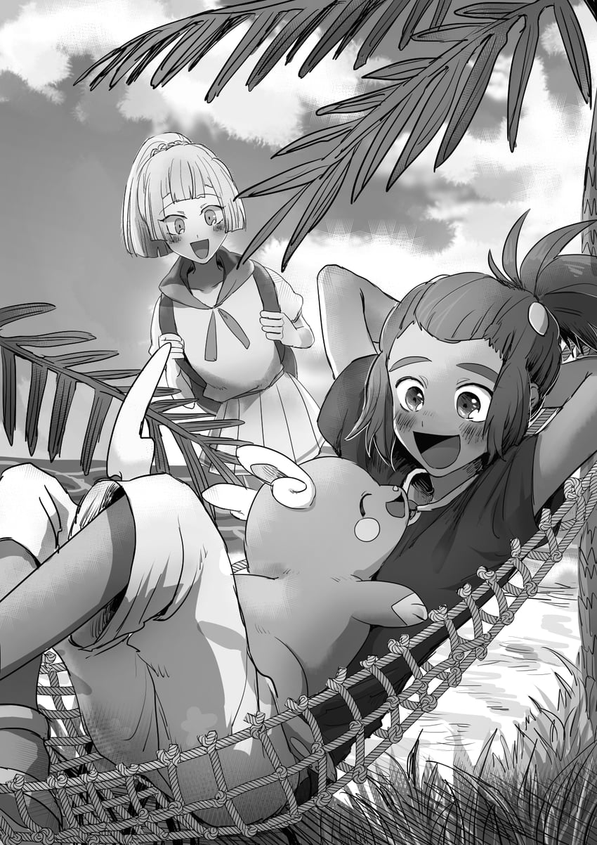 lillie, hau, and alolan raichu (pokemon and 1 more) drawn by sarami_(sa_rami30)