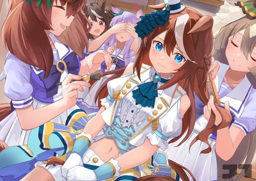 tokai teio, satono diamond, nice nature, kitasan black, and mejiro mcqueen (umamusume) drawn by jtleeklm
