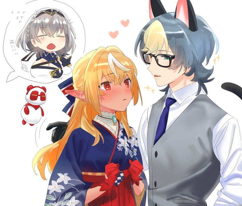 shirogane noel, shiranui flare, kintsuba, and raymond (hololive and 1 more) drawn by yomosaka