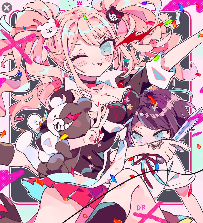 enoshima junko, monokuma, and ikusaba mukuro (danganronpa and 1 more) drawn by osshouri55