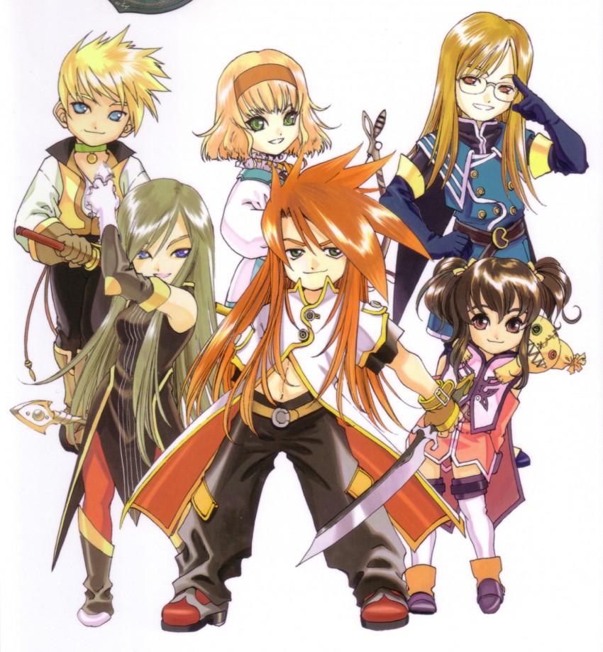tear grants, luke fon fabre, anise tatlin, natalia luzu kimlasca lanvaldear, jade curtiss, and 2 more (tales of and 1 more) drawn by fujishima_kousuke