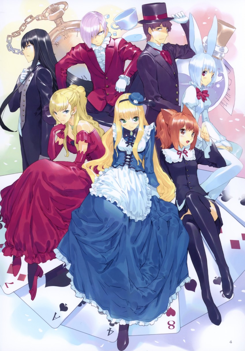 alice, cheshire cat, mad hatter, march hare, and humpty dumpty (alice's adventures in wonderland) drawn by ueda_ryou