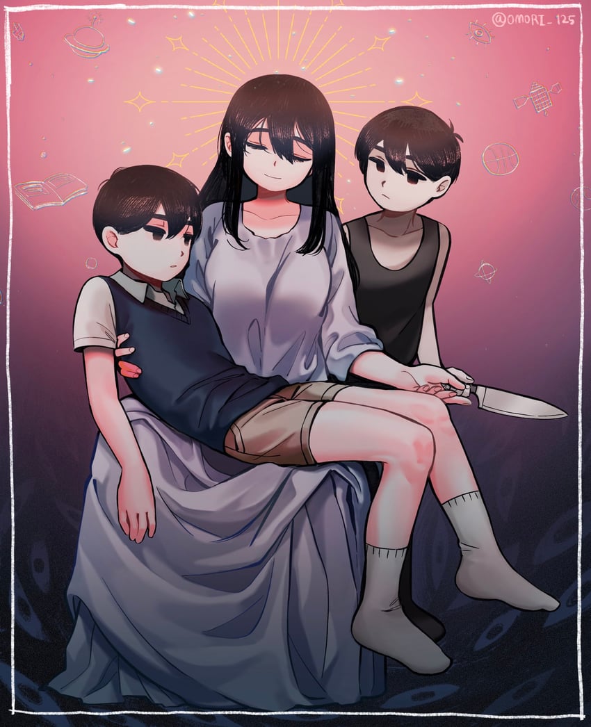 sunny, omori, mari, something, and jesus (omori) drawn by gokun