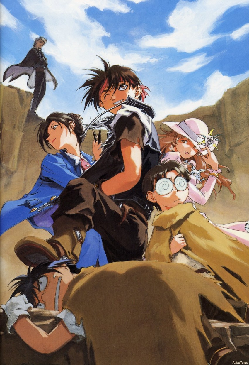 orphen, volkan, dortin, constance magee, keith royal, and 1 more (majutsushi orphen) drawn by kusaka_yuuya