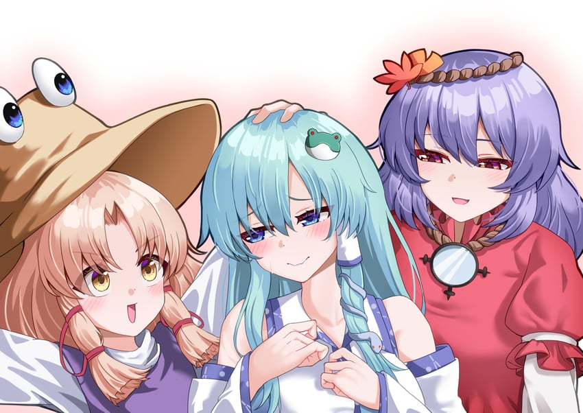 kochiya sanae, moriya suwako, yasaka kanako, and pyonta (touhou) drawn by kabi_killer