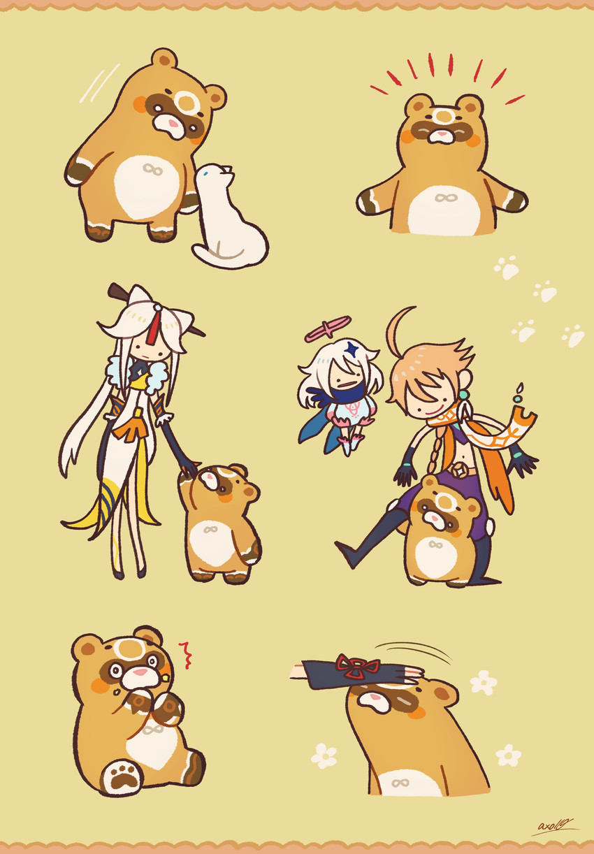 aether, paimon, ningguang, xiangling, and guoba (genshin impact and 1 more) drawn by trouba