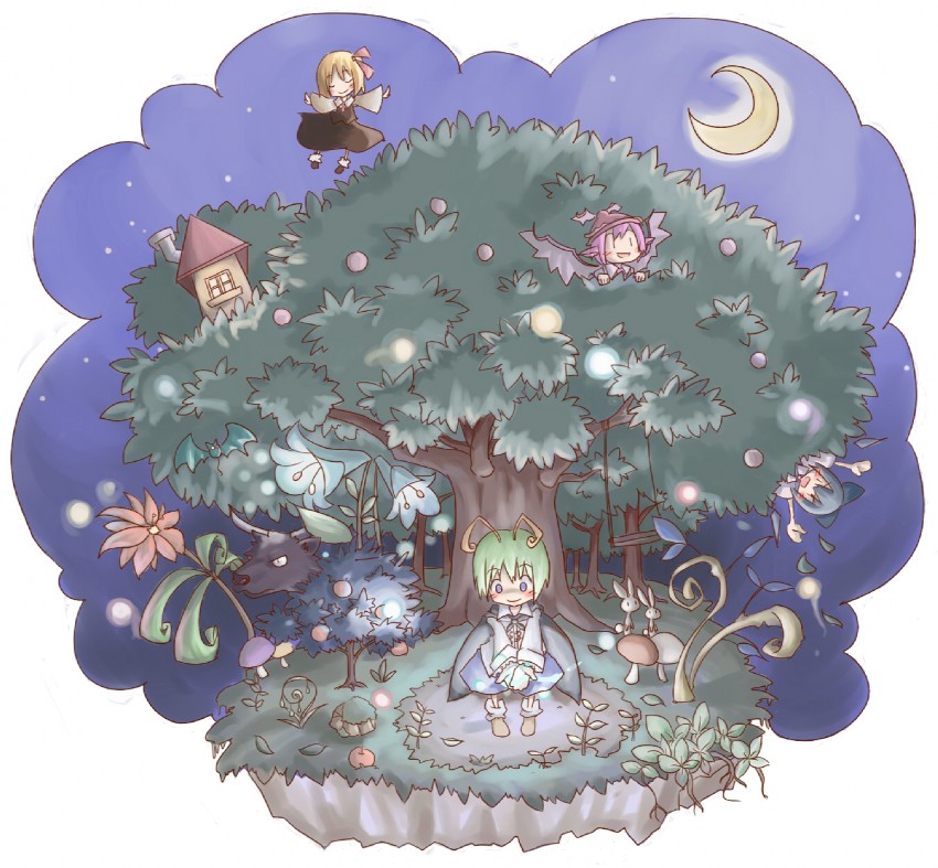 cirno, rumia, mystia lorelei, and wriggle nightbug (touhou) drawn by kaminendo