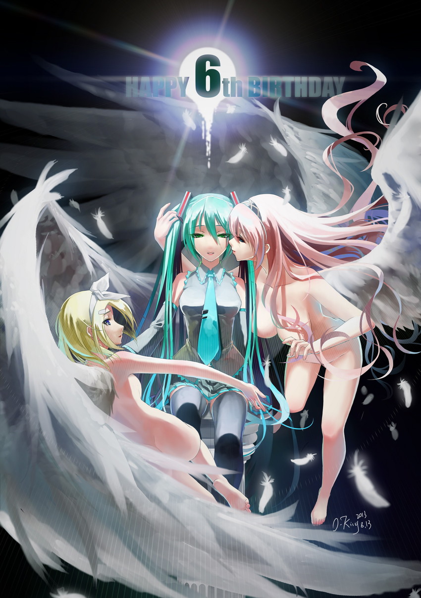 hatsune miku, kagamine rin, and megurine luka (vocaloid) drawn by okingjo