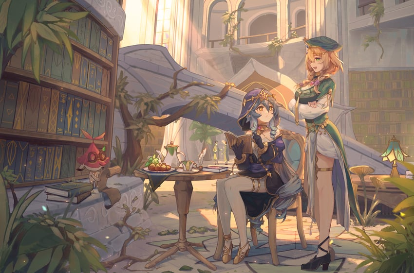 aranara, layla, and lisa (genshin impact) drawn by jishou_kusaboukun
