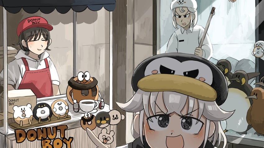 penguin keeper, polar bear keeper, and doughnut seller (zookeepers) drawn by diva_(hyxpk)
