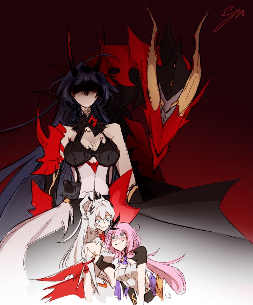 elysia, kiana kaslana, and raiden mei (honkai and 1 more) drawn by cloud_ya