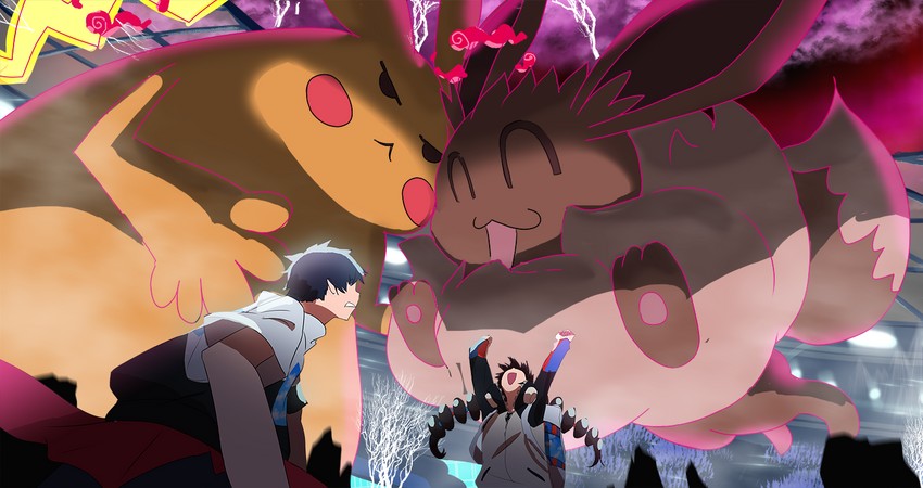 pikachu, eevee, gotcha! girl, gotcha! boy, gigantamax pikachu, and 1 more (pokemon and 1 more) drawn by pateo