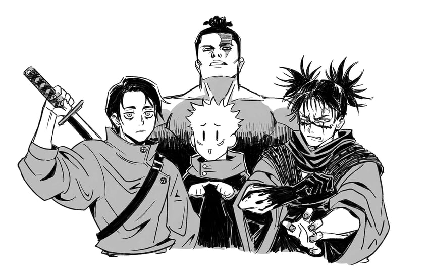 itadori yuuji, okkotsu yuuta, toudou aoi, and choso (jujutsu kaisen) drawn by elien