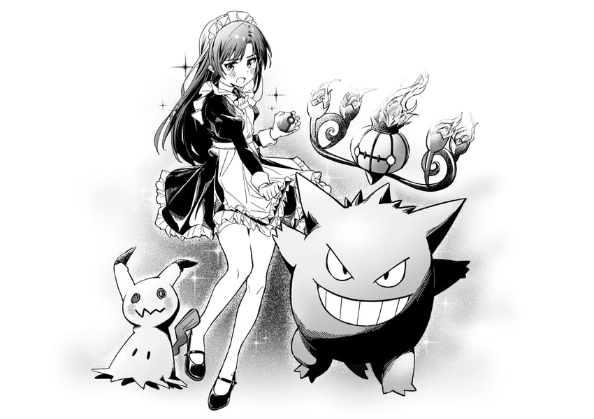 kisaragi chihaya, gengar, mimikyu, and chandelure (pokemon and 1 more) drawn by bakawahitori