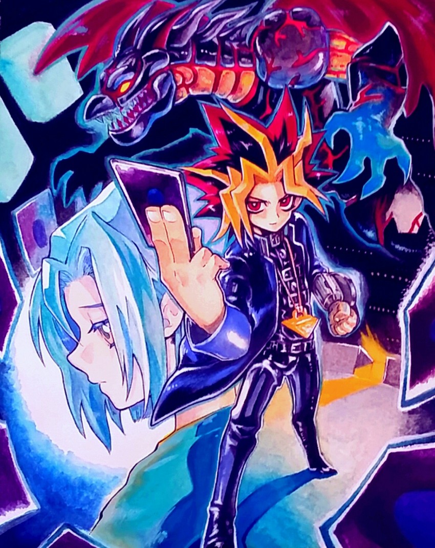 yami yugi, meteor black dragon, and aoyama shougo (yu-gi-oh!) drawn by shimajiro