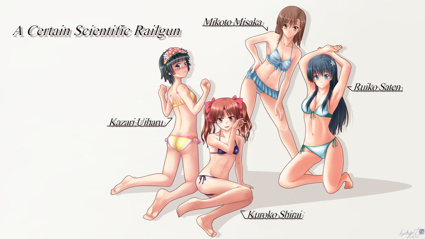 misaka mikoto, shirai kuroko, saten ruiko, and uiharu kazari (toaru majutsu no index and 1 more) drawn by kiyokazu
