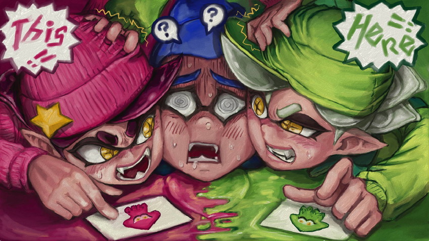 inkling player character, inkling boy, callie, and marie (splatoon and 1 more) drawn by ceramic_man