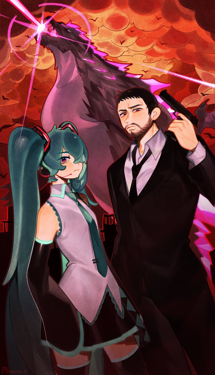 hatsune miku, godzilla, godzilla evolved, and eminem (vocaloid and 5 more) drawn by reisame