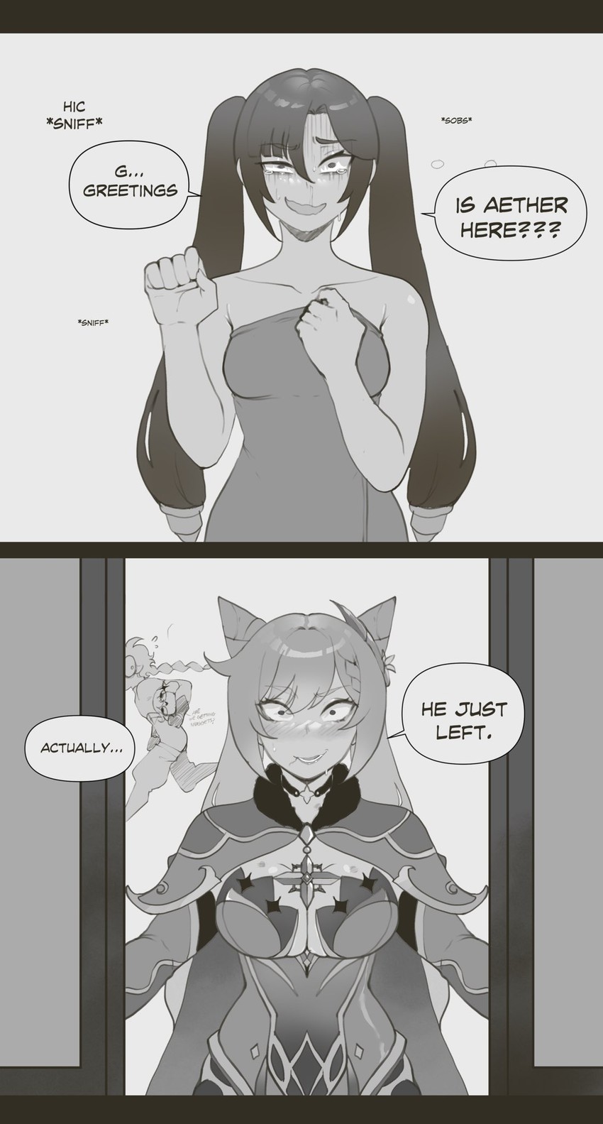 aether, mona, keqing, and paimon (genshin impact and 1 more) drawn by nyantcha