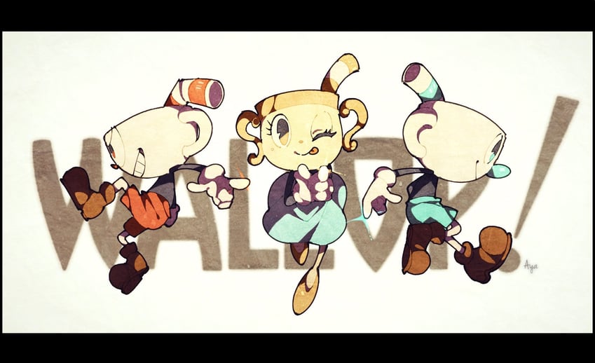 cuphead, mugman, and ms. chalice (cuphead) drawn by aya_(ayamenora)