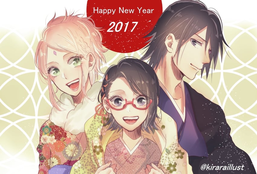 haruno sakura, uchiha sasuke, and uchiha sarada (naruto and 1 more) drawn by kuno_(haruru_hope)